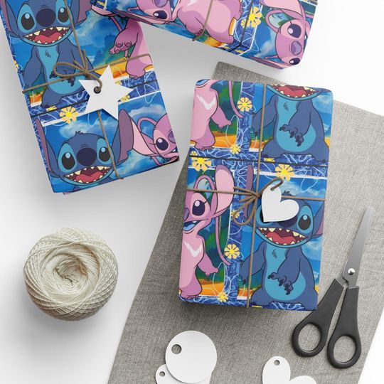 Discover Lilo & Stitch Holiday Wrapping Paper: Blue/Pink Angel Design