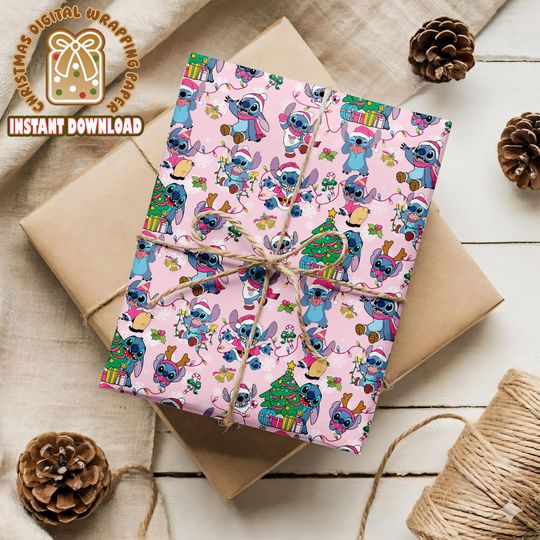 Discover Disneyland Stitch Christmas Digital Wrapping Papers, Stitch Christmas Gift Wrap, Magic Kingdom Wrap, Ohana Means Family Digital Present Wrap