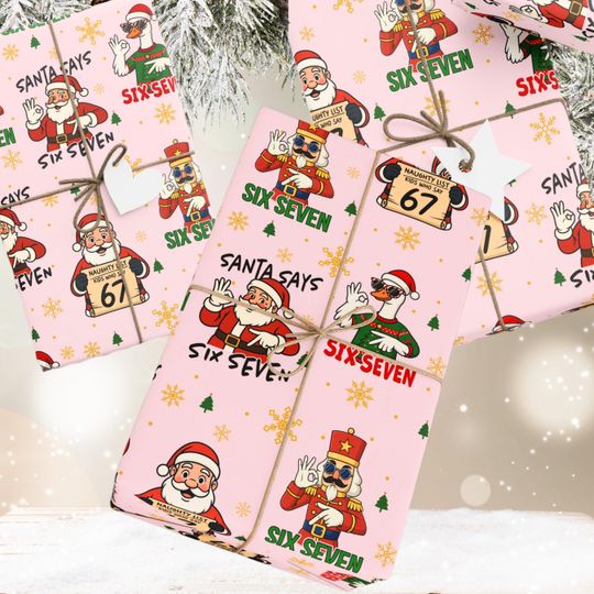 Discover 67 Wrapping Papers, 67 Meme Funny Christmas Pink Gift Wrap for Kids, Childrens Brain Rot, Funny Gift Idea, Holiday Wrapping Roll Unique Gift