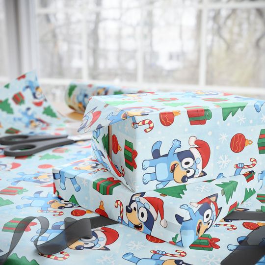Discover Cartoon Dog Christmas Wrapping Paper, Cute Holiday Gift Wrap with Santa Hat Dog, Festive Kids Party Gift Wrap Sheets