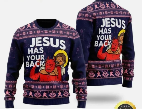 Discover Funny Jesus Has Your Back Ugly Christmas Sweater