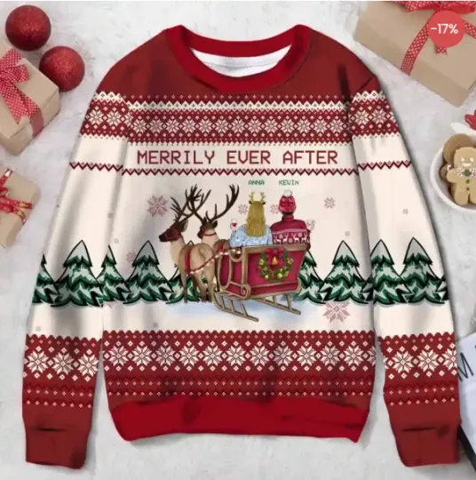 Discover Merrily Ever After Couple Santa, Personalized Custom Ugly Christmas Sweater