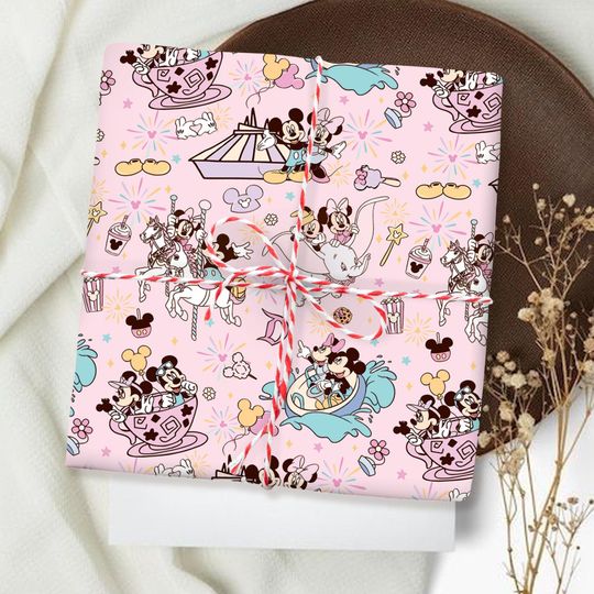Discover Pastel Disney Ride Icons Wrapping Papers, Cute Mickey Couple Gift Wrap, Disney Park Wrap Gift, Disneyland Birthday Present Wrap