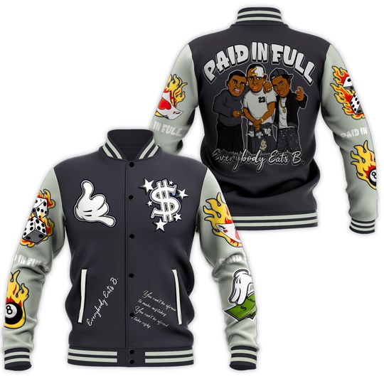 Dunkare Fear 4s Baseball Varsity Jacket, Everybody Paid In Full Graphic All Over Print Letterman Jackets