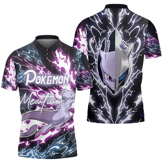 Mewtwo Polo Shirt, Unisex Graphic Polo, Lightning Power Style Polo, Funny Summer Shirt, Vintage Tropical Aloha Polo, Mewtwo Shirt Gifts