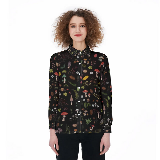 Mushroom 3D All Over Print Casual Shirt, Mushroom Casual Long Sleeve Button Down Shirt, Mushroom Women Blouses, Women Linen Shirt