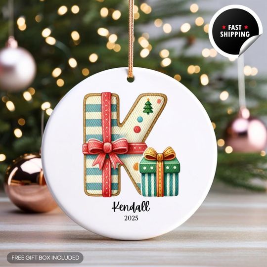 Personalized Initial Ceramic Ornament, Family Name Ornaments, 2025 Letter Monogram, Christmas Gift for Her