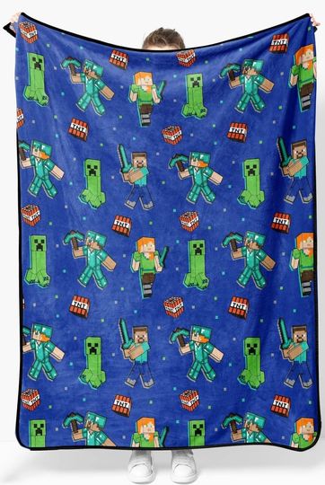 Minecraft Plush Fleece Blanket Kids Super Soft Blue Fleece Bedding, Features Creeper
