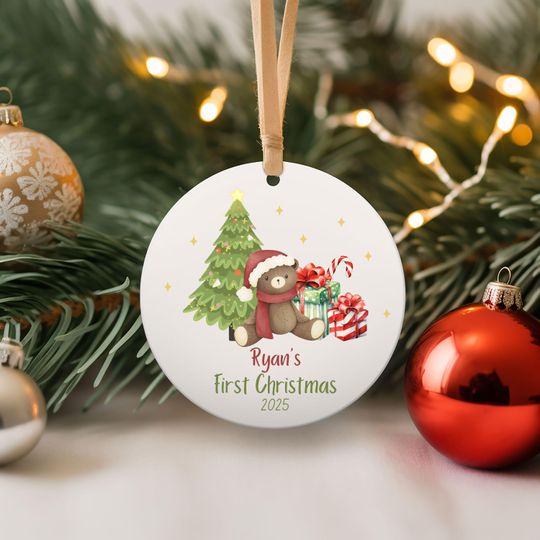 Discover Personalized Baby's First Christmas Ornament 2025, Teddy Bear Ceramic Ornament, Custom Baby Name Holiday Decoration