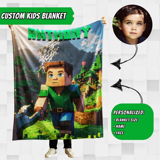 Discover Custom Pixel Character Blanket Custom Name Kids Blanket Custom Name Building Block Figures Personalized Name Blanket Boy Birthday Gift