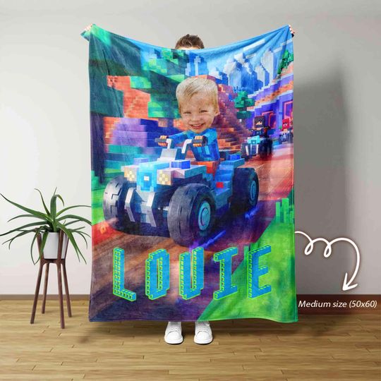 Discover Custom Kids Blanket with Name & Photo, Persionalized Photo Face Blanket, Kids Blanket, Custom Blanket For Boys, Pixel Art Throw with Name