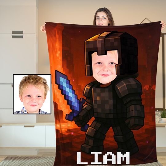 Personalized Minecraft-Style Blanket, Custom Face & Name Pixel Warrior Blanket,Gamer Gift for Kids Girl,Boys,Him,Her Birthday or Christmas