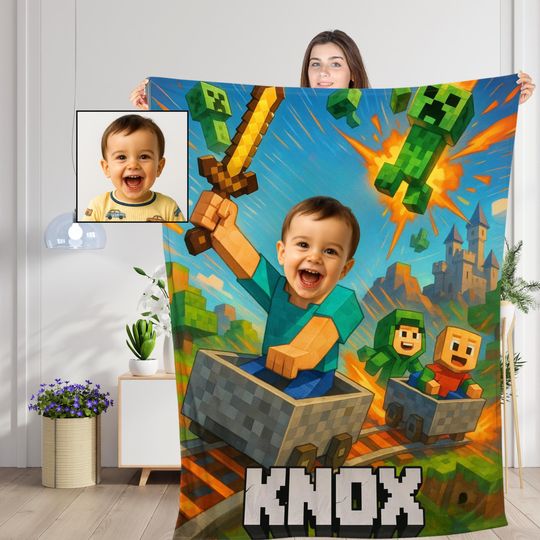 Discover Personalized Pixel-Style Blanket,Custom Face & Name Gamer Blanket, Game Lover Gift for Kids/Boys/Son, Videogames Gift Birthday or Christmas.