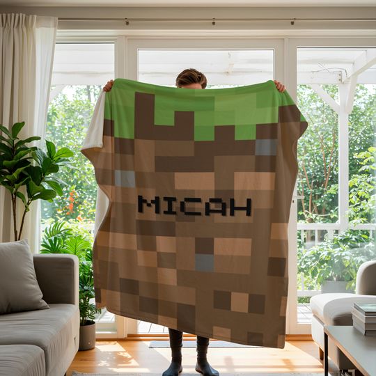 Personalized Minecraft Kids Plush Blanket, Childrens Play Room Velveteen Throw, Childs Game Room Tapestry, Sons Customized Birthday Present