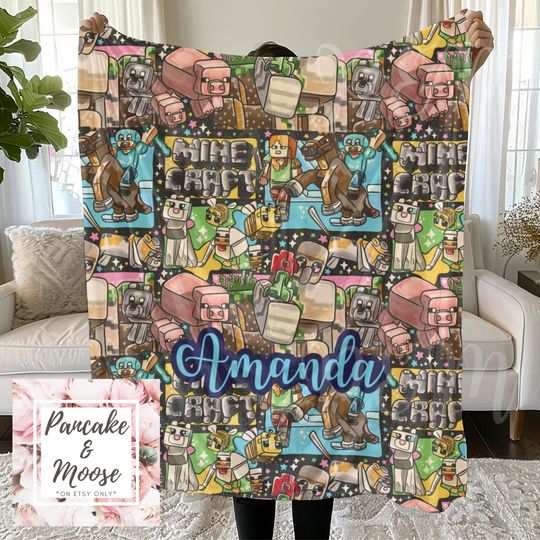 Discover Pixel mine gamer blanket, video game throw, personalized gaming fleece, kids gamer gift