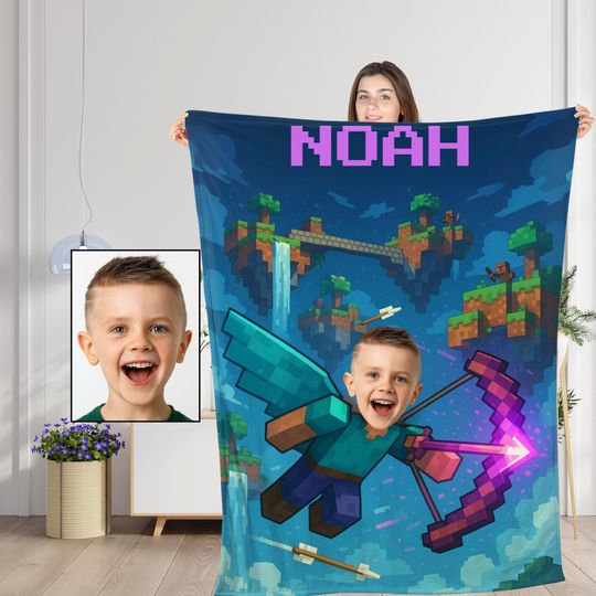 Personalized Minecraft-Style Blanket,Custom Face & Name Pixel Sky Adventure Blanket,Gamer Gift for Kids,Girls,Boys,Him Birthday or Christmas