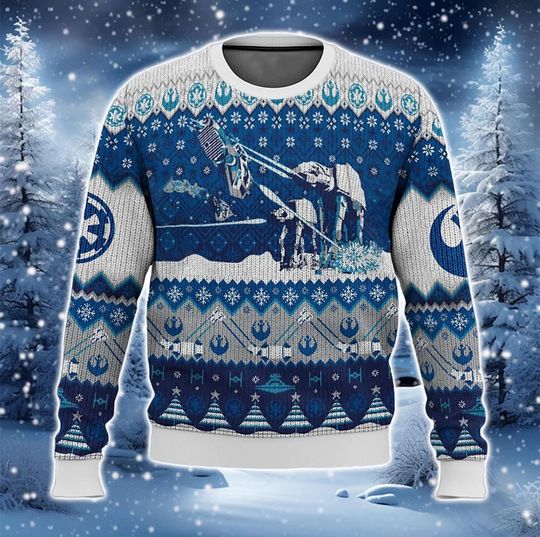 Discover Blue Winter Battle Pattern Ugly Sweater, Cozy Knit Holiday Sweatshirt with Snowflake and Machine Motif, Funny Geeky Christmas Gift
