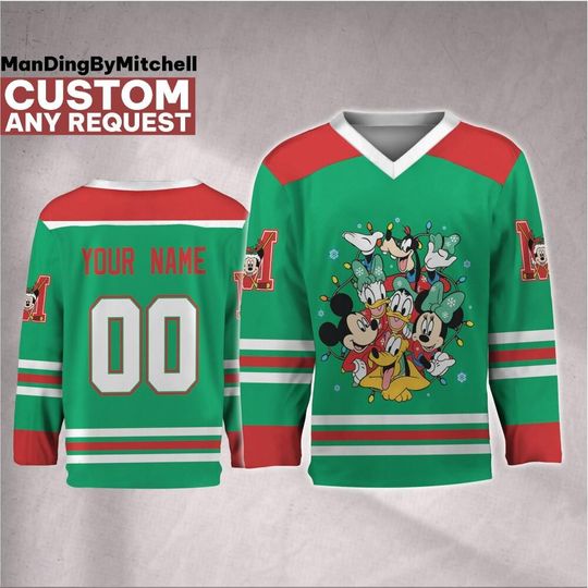 Discover Personalize Disney Mickey Mouse And Friends Christmas Hockey Jersey, Custom Christmas Hockey, Disney Holiday, Christmas Family Matching