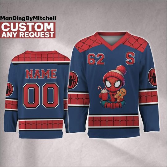 Discover Personalize Marvel Christmas Cute Chibi Spider-man Hockey Jersey, Custom Christmas Hockey, Spider-Man Hockey, Santa Superhero Gift Xmas