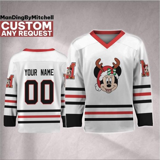 Discover Personalize Disney Minnie Mouse Merry Christmas Hockey Jersey, Custom Christmas Hockey, Disney Holiday Jersey, Christmas Family Matching