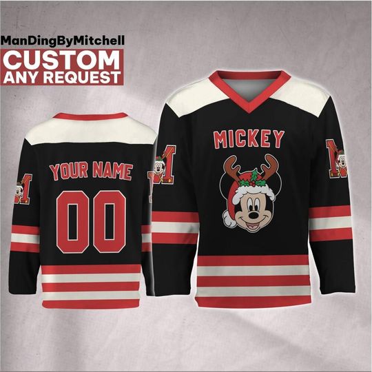 Discover Personalize Disney Mickey Mouse Merry Christmas Hockey Jersey, Custom Christmas Hockey, Disney Holiday Jersey, Christmas Family Matching