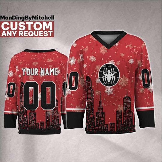 Discover Personalize Marvel Spider Man Christmas City Hockey Jersey, Custom Christmas Hockey, Spider-Man Hockey Jersey, Santa Superhero Gift Xmas