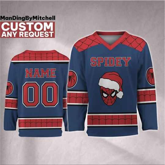 Discover Personalize Marvel Christmas Spider Man Mask Hockey Jersey, Custom Christmas Hockey, Spider-Man Hockey, Santa Superhero Gift Xmas