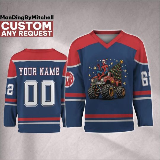 Discover Personalize Marvel Christmas Spider-man Monster Truck Hockey Jersey, Custom Christmas Hockey, Spider-Man Hockey, Santa Superhero Gift Xmas