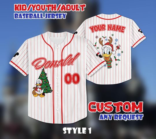 Discover Custom Donald & Friends Xmas Baseball Jersey, Disney Donald and Friends Xmas Shirt, Custom Donald Kids, Youth, Adult Jersey, Christmas Gift