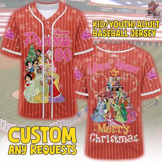 Discover Custom Disney Princess Christmas Baseball, Custom Name Disney Princess Xmas Jersey, Gift For Baseball Fan Tee, Disney Princess Matching Gift