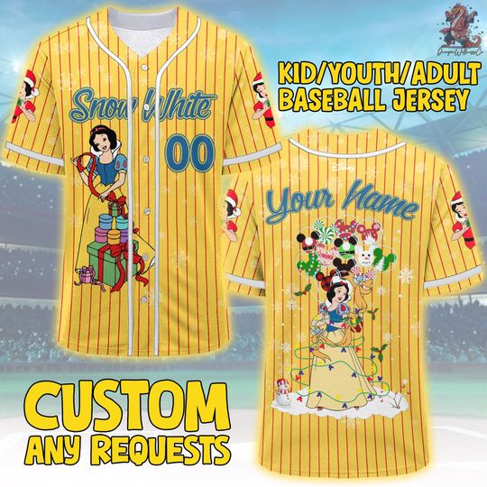 Discover Custom Disney Princess Snow White Christmas Jersey, Custom Name Disney Xmas Jersey, Gift For Baseball Fan, Disney Princess Matching Gift Tee