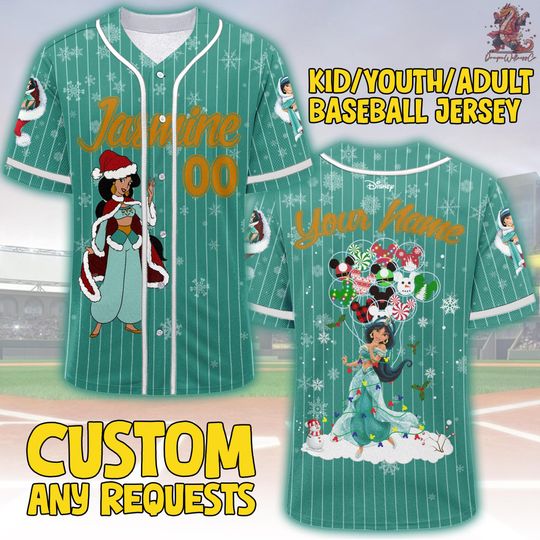 Discover Custom Disney Princess Jasmine Aladdin Christmas Jersey, Custom Name Disney Xmas Baseball, Gift For Baseball Fan, Disney Princess Matching