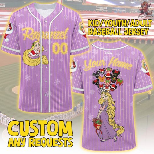 Discover Custom Disney Princess Rapunzel Christmas Jersey, Custom Name Disney Xmas Baseball, Gift For Baseball Jersey, Disney Princess Matching Gift