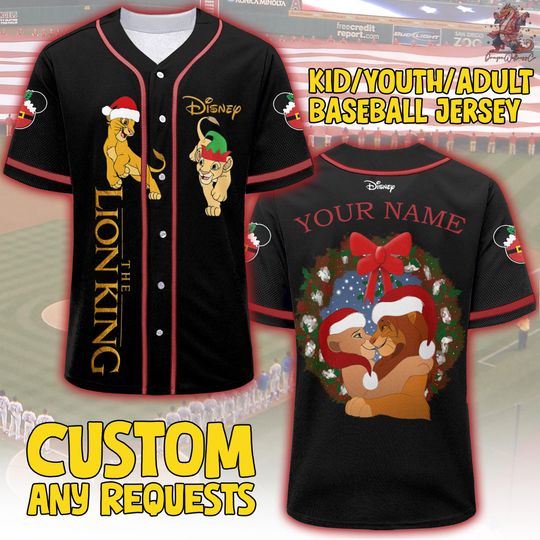 Discover Personalize Disney Lion King Simba Nala Love Black Christmas Jersey, Custom Disney Xmas Baseball Sports, Cute Gifts For Fans Lion King Shirt