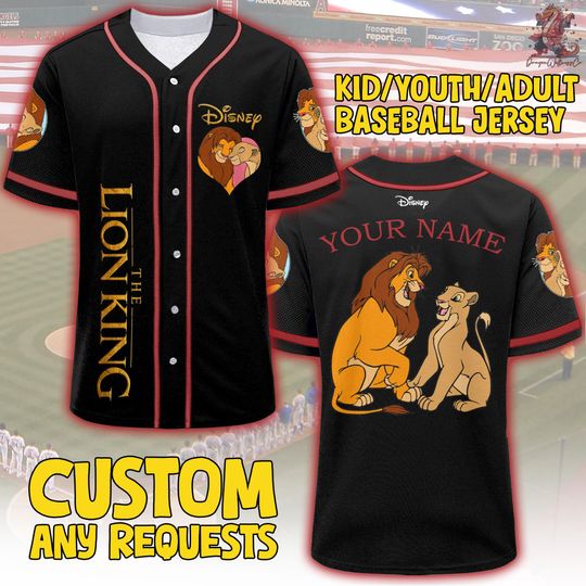 Discover Personalize The Lion King Simba Nala Love Black Color Jersey, Custom Disney Baseball Jersey Sports, Cute Gifts For Fans Disney The Lion King