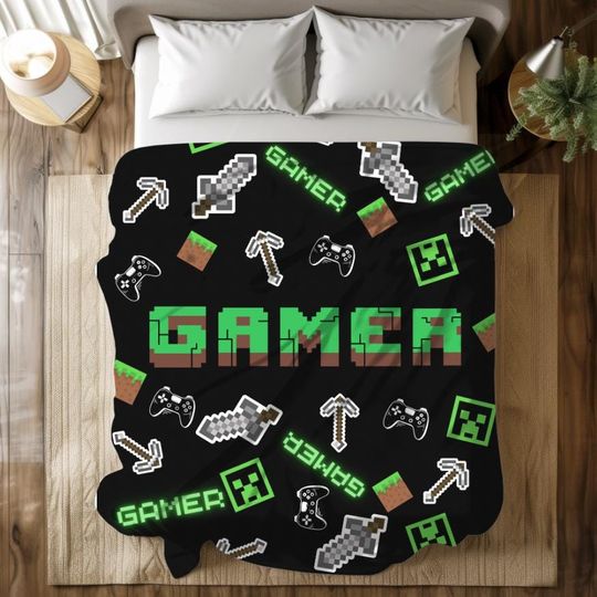 Minecraft inspired personalized blanket, Personalized Gaming Blanket, Pixel Gaming gift, Video Game Room Decor, Gamer Gift Ideas