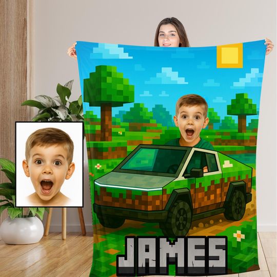 Discover Personalized Cybercraft Blanket,Custom Pixel-Style Car with Your Kids Face & Name,Gift for Kids/Boys Birthday or Christmas,Videogames Gift