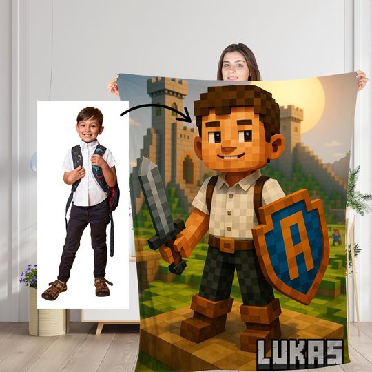 Personalized Pixel-Style Blanket,Custom Face & Name Gamer Throw, Minecraft Game Lover Gift for Kids Boy,Videogames Gift Birthday or Christma