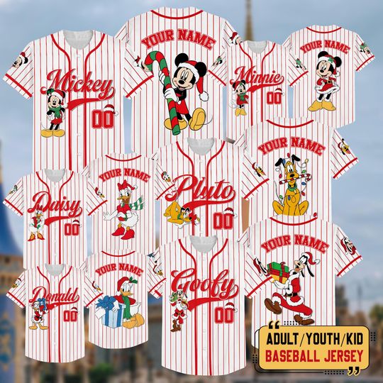 Discover Personalized Disney Mickey And Friends Christmas Baseball Jersey, Custom Baseball Team Jersey, Christmas Family Shirt, Disney Jersey Gifts