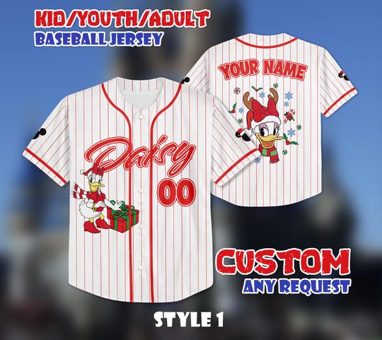 Discover Custom Daisy & Friends Xmas Baseball Jersey, Disney Daisy and Friends Xmas Shirt, Custom Daisy Kids, Youth, Adult Jersey, Christmas Gift