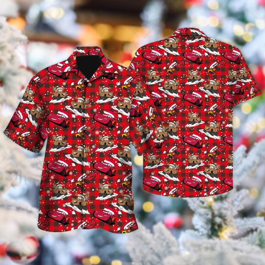 Discover Lightning Mater Christmas Hawaiian Shirt, Christmas Holiday Hawaiian Shirt, Movie Button Up Shirt, Racing Xmas Gift