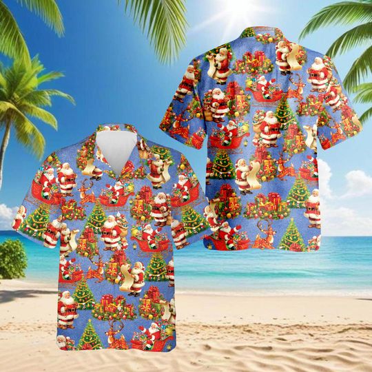 Discover Santa Sleigh Christmas Hawaiian Shirt, Festive Holiday Tree Gift Aloha Shirt, Funny Santa Claus Button Down, Retro Christmas Movie Party