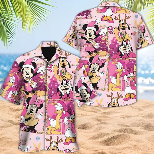 Discover Disney Mickey and friends Pink Christmas Hawaiian Shirt, Mickey's Very Merry Christmas Party Button Shirt, Pink Mickey Candy Xmas Holiday