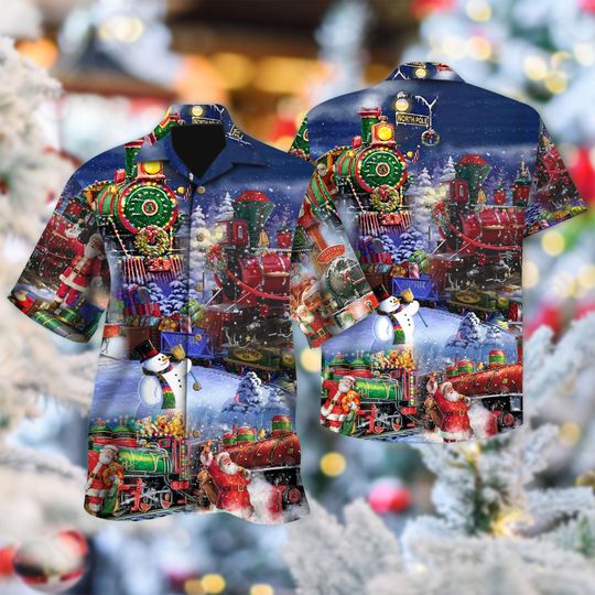 Discover Train to Christmas Hawaiian Shirt, Train Christmas Holiday Hawaii Shirt, Train Xmas Party Shirt, Santa Clause 3D All Over Print Shirt