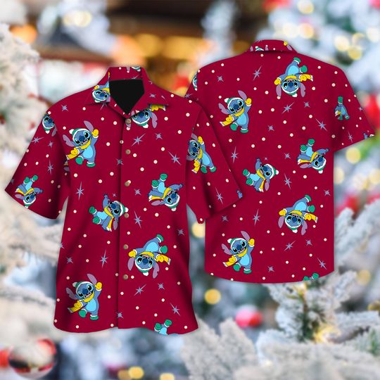 Discover Stitch Merry Christmas Hawaiian Shirt, Lilo And Stitch Button Up Shirt, Happy Stitch Hawaiian Shirt, Stitch Xmas Party 3D All Over Print Shirt