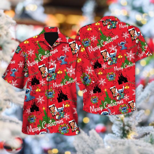 Discover Lilo Stitch Christmas Hawaiian Shirt, Disney Lilo And Stitch Button Up Shirt, Lilo Stitch Santa Hat Hawaiian Shirt, Disney Xmas Party Shirt