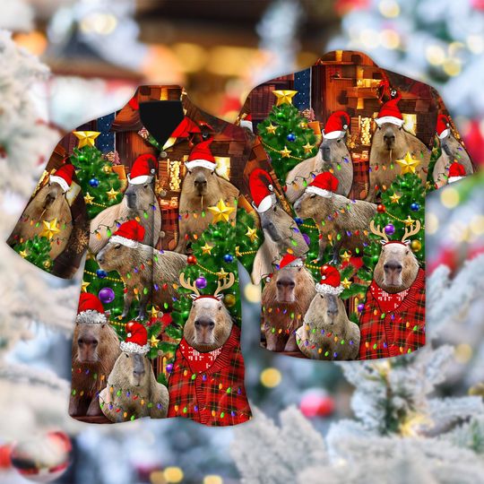 Discover Capybara Santa Hat Christmas Hawaiian Shirt, Capybara Xmas Party Button Up Shirt, Capybara Hawaiian Shirt, Capybara Christmas 3D Shirt
