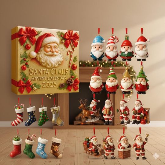 Discover Santa Claus Advent Calendar 2025, 24 Days Christmas Countdown Box, Festive Holiday Gift Set with Santa Figurines & Stockings