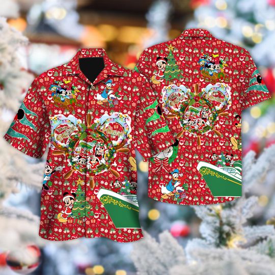 Discover Disney Mickey and Friends Cruise Christmas Hawaiian Shirt, Mickey Mouse Xmas Party Shirt, Magic Kingdom Shirt, Mickey Santa Hat Hawaiian Shirt