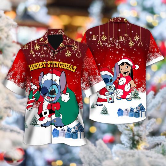 Discover Merry Stitchmas Hawaiian Shirt, Disney Stitch and Lilo Christmas Hawaii Shirt, Lilo Stitch Santa Hat Xmas Party Holiday Hawaii Shirt